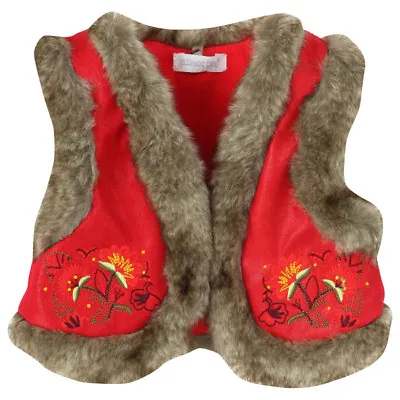 ABSORBA Baby Girl Red Fur Edged Embroidered & Fleece Lined Gilet 6 Months • £19