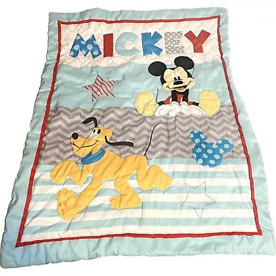 Disney Babies Mickey Pluto Crib Blanket Quilt Baby Bedding 30x40  Chevron Blue • $37