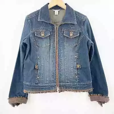 CABI Denim Jean Jacket Size Large #5297 Fringe Detail Buckle Western Casual • $27.89