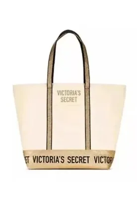 Victoria’s Secret Overnight Canvas Tote Bag Carryon Zip Tan Gold Glitter New • $22