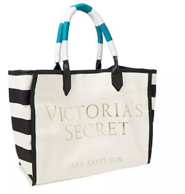 Victorias Secret Canvas Tote Weekender Gym Beach Bag White Black Rope Handle Nwt • $24.75