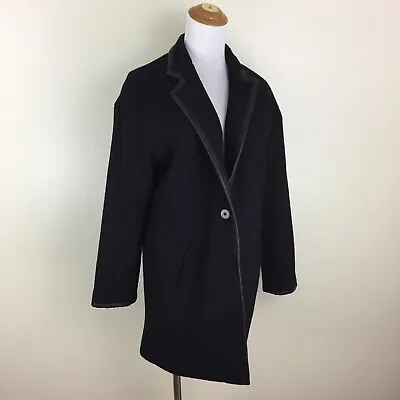 NWT ZARA Basic Black Leather Insert Lapel Wool Blend Womens Sz XS Oversized Coat • $55.20