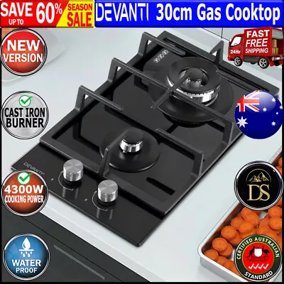Devanti Gas Cooktop 30cm Gas Stove Cooker 2 Burner Cook Top Konbs NG LPG Black • $142.81