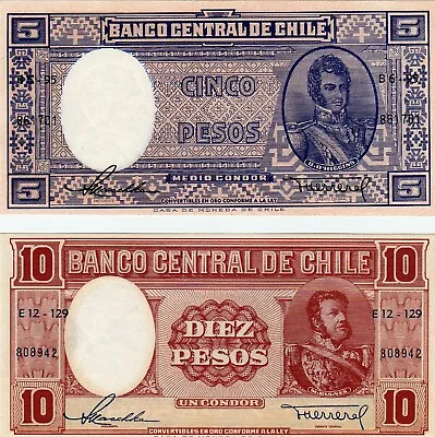 Chile 5 Pesos And 10 Pesos 1958 Banknotes P119 And P120 UNC • $6