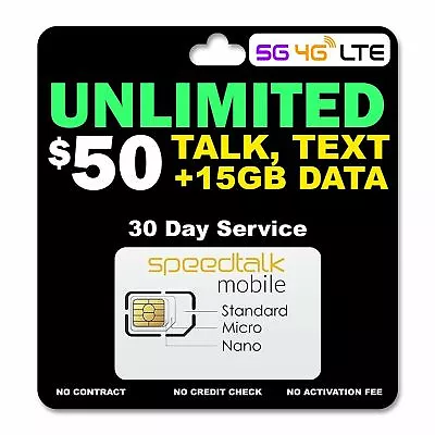 Speedtalk Smart Phone SIM Card Kit Unlimited Data Talk Text 5G 4G LTE Plan 1 Mo. • $50
