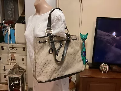 $60 • Buy OROTON Brown Signature Fabric Tote Shoulder Bag Drawstring Closure Leather Trim