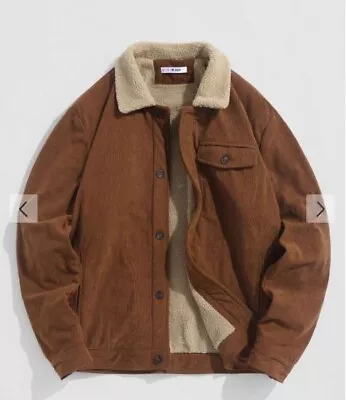 ZAFUL Faux Shearling Collar Fleece-lined Corduroy Jacket - Sepia L • $62.63