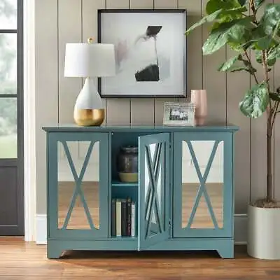 Blue Finish Mirrored Buffet Console Cabinet Storage Center In Distressed • $295.77