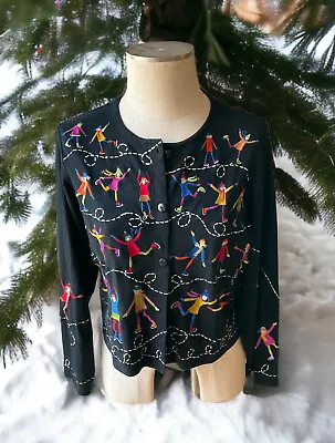 Vtg MICHAEL SIMON LITE Sz M Black Cotton Embroidered Cardigan Sweater * SKATERS • $35