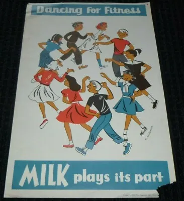 Vtg 1961 Poster Dancing Fitness Milk Educational Health 12x18.5 Detroit Dairy  • $39