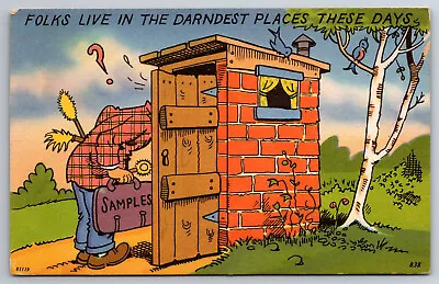 Vintage Postcard Humor Funny Cartoon Salesman Outhouse Linen -13068 • $2.19