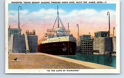 Sault Ste. Marie Michigan Soo Locks Freighter Down Bound Postcard C.1940 • $3.99