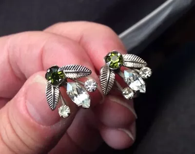 Vintage Van Dell Sterling Silver Screw Back Earrings With Green & Clear Stones • $19.55