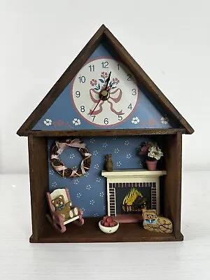 Vintage Wooden Full Size Dollhouse Wall Clock 10”x7” Cat Kitty Teddybear WORKS! • $92.47