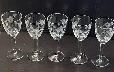 RARE - Set Of 5 Vintage Etched Roses Crystal Flared Rim 2.5oz Liqueur Glasses • $46