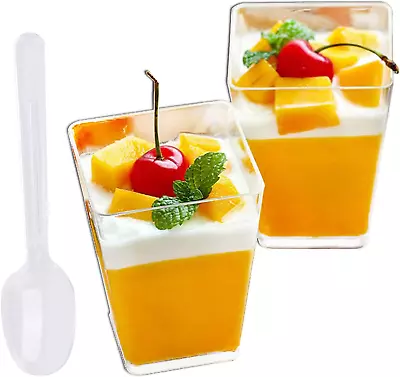 100 Pack 5 Oz Tall Square Clear Plastic Dessert Tumbler Cups With 100 Plastic Sp • $30.79