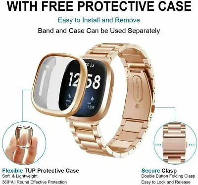£10.39 • Buy  Metal Stainless Steel Watch Band Strap+Full Protector Case For Fitbit Versa 2