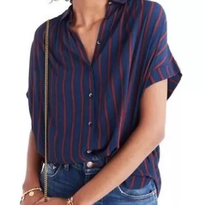 MADEWELL | Women’s Navy/Red Twilight Central Duo Stripe Button Down Shirt Size M • $32