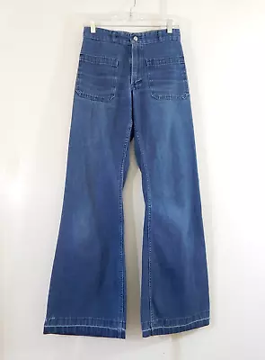 Vintage 70s SEAFARER Dungarees Jeans Trousers High Waist Bell Bottom Flare W27 • $119.99