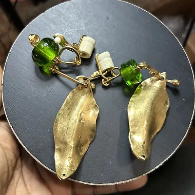 NIB Marni Ceramic Glass Drop Golden Leaf Clip On Asymmetrical Earrings $490 • $150