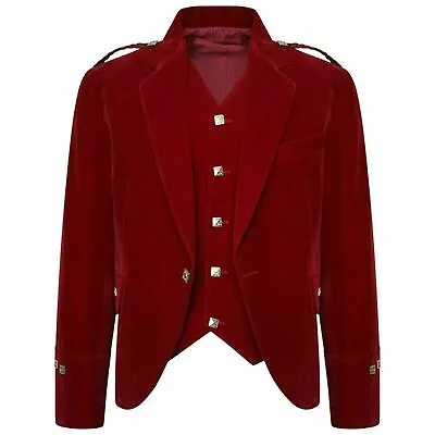 £120 • Buy Mens RED Velvet Scottish Highland Argyle Kilt Jacket & Waistcoat