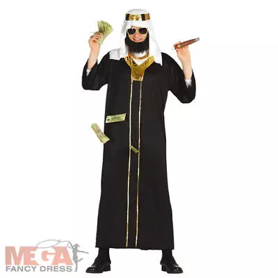 Mens Sheik Costume Large Adults Fancy Dress Black Gold Rich Wealthy Arab Prince • £18.99