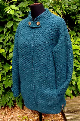 £20 • Buy Pachamama Chunky Hand Knit Wool Cardigan Medium, Dark Green Pockets Button & Zip