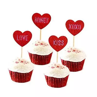 24 Pack Heart Valentine Cupcake Toppers Valentine's Day Cupcake Picks For Red • $12.78