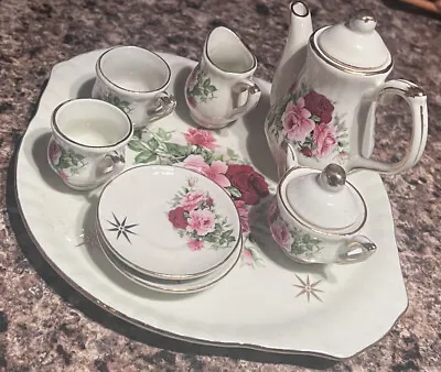 Vintage 10 Piece Porcelain Miniature Tea Set Rose & Star Pattern Gold Trim • $11