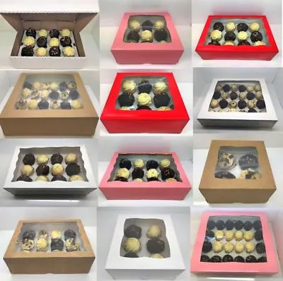 PREMIUM Windowed Mini Cupcake Boxes For 4 6 9 12 & 24 Cup Cakes With Inserts • £0.99