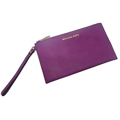 Michael Kors Large Leather ZIp Clutch Wristlet Credit Card Holder Wallet Purple • $45.99