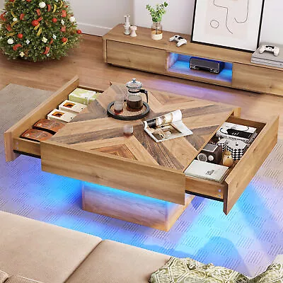 Square LED Coffee Table With 2 Drawers Modern Sofa Center Table For Living Room • $129.99