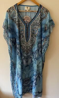 New Tags - ISABELLA The Label Boho Free Size 10-18 Blue Throw Over Kaftan Dress • $29.95