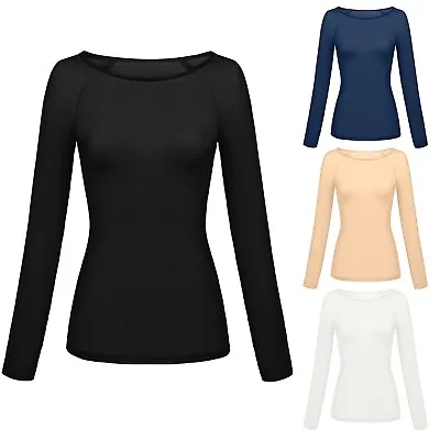 Womens Solid See Through Long Sleeve Seamless Arm Shaper Top Mesh Shirt Blouse • $10.59