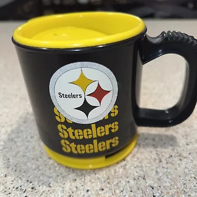 Vintage UnUSED Steelers Coffee Travel Mug Plastic Cup Lid Whirley Sticker Bottom • £14.47