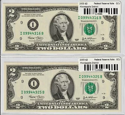 2003 $2 Federal Reserve Note Fr. 1937I Minneapolis Uncirculated • $6
