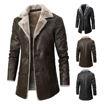 Men's Black Coffee Long Trench Vintage Sheepskin Motorcycle Leather Jacket Coat • $59.99