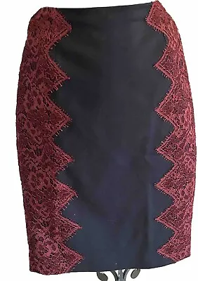 Ted Baker Black Pencil Skirt Size 1 UK 8 VGC Never Worn Back Zip Burgundy Lace • £13
