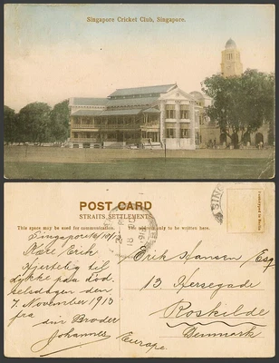 £14.99 • Buy Singapore To Denmark 1913 Old Hand Tinted Postcard Sing Cricket Club Clock Tower