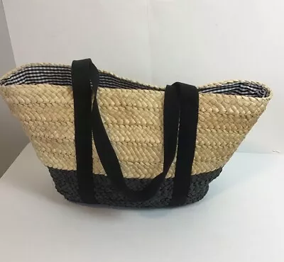 Vineyard Vines  Straw Tote Bag With Black Trim  Black Gingham Lining New • $44.90