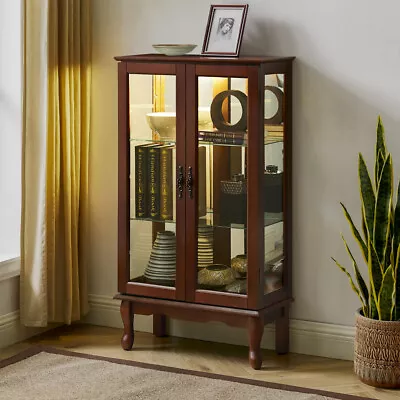 Adjustable Shelves Lighted Storage Curio Display Cabinet W/ Tempered Glass Doors • $309.99