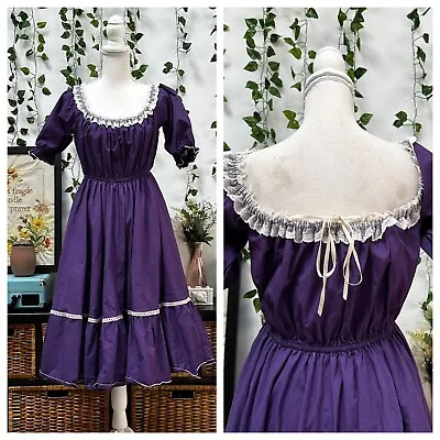 Vintage 70s Square Dance Dress Purple Lace Prairie Off Shoulder Coquette S/M • $54.99