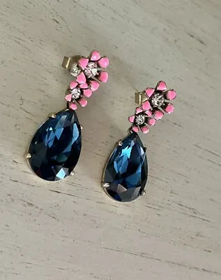 J Crew Blue Clear Crystal Teardrop Pink Enamel Floral Drop Posey Gold Earrings🌸 • $37.39