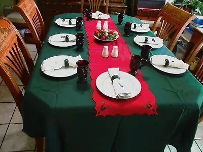 Vera Banquet Size Tablecloth - 8 Napkins  8 Napkin  Rings  Red Runner  Xmas • $44.99