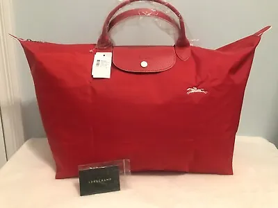 Bnwt Authentic Longchamp Le Pliage Leather Trim Travel Tote In Red Pink & Blue • $150