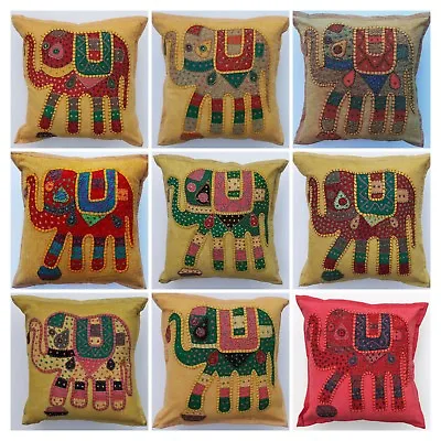 Indian Handmade Elephant Patchwork 100% Cotton Embroidery Cushion Cover 40x40cm • £5.99