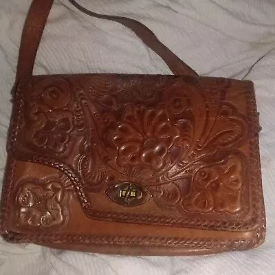 Hand Tooled Leather Purse Brown Interior Divider Shoulder Strap Made In Mexico • $19