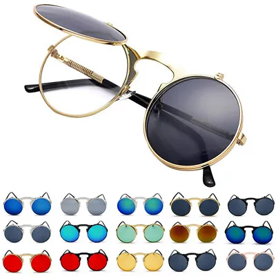 Flip Up Steampunk Retro Sunglasses 90's Round Vintage Glasses Designer Eyewear • $10.99