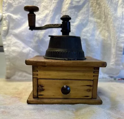 Vintage Antique Wooden & Cast Iron Dovetailed Hand Crank Coffee Mill Grinder • $56