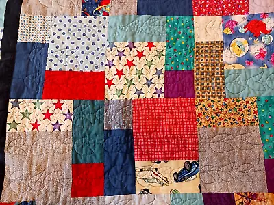 Handmade Patchwork Quilt Throw Blanket Blues Red Hearts & Flowers Quilting FLAW • £34.74